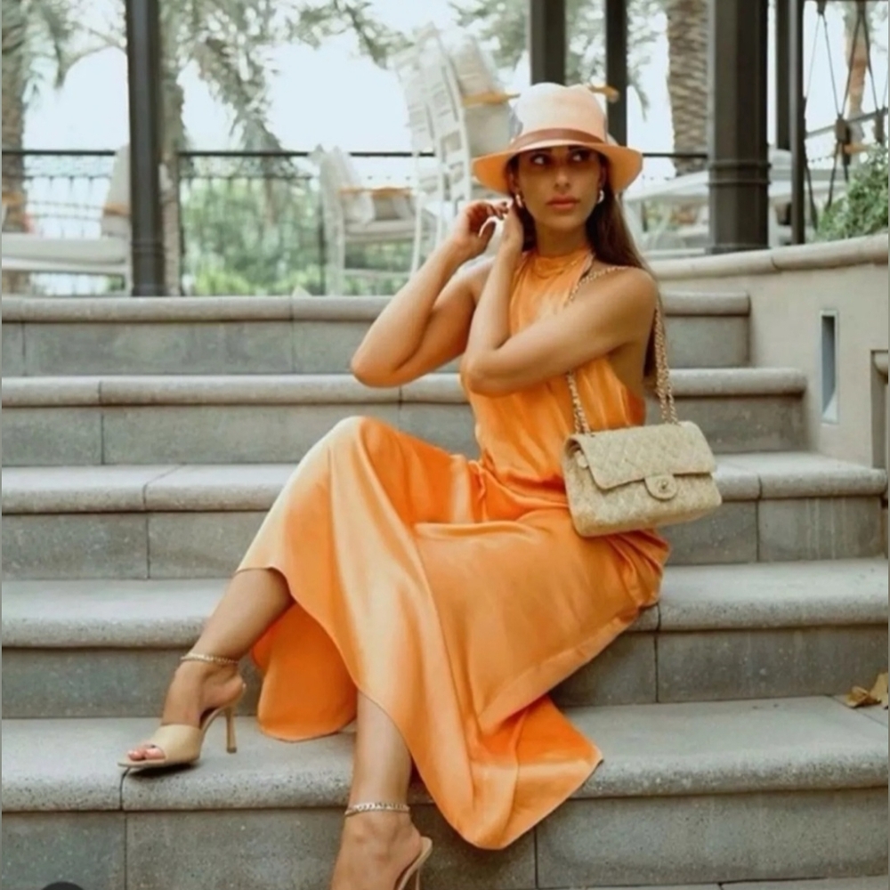Zara Orange Satin Maxi Dress high neck halter peach